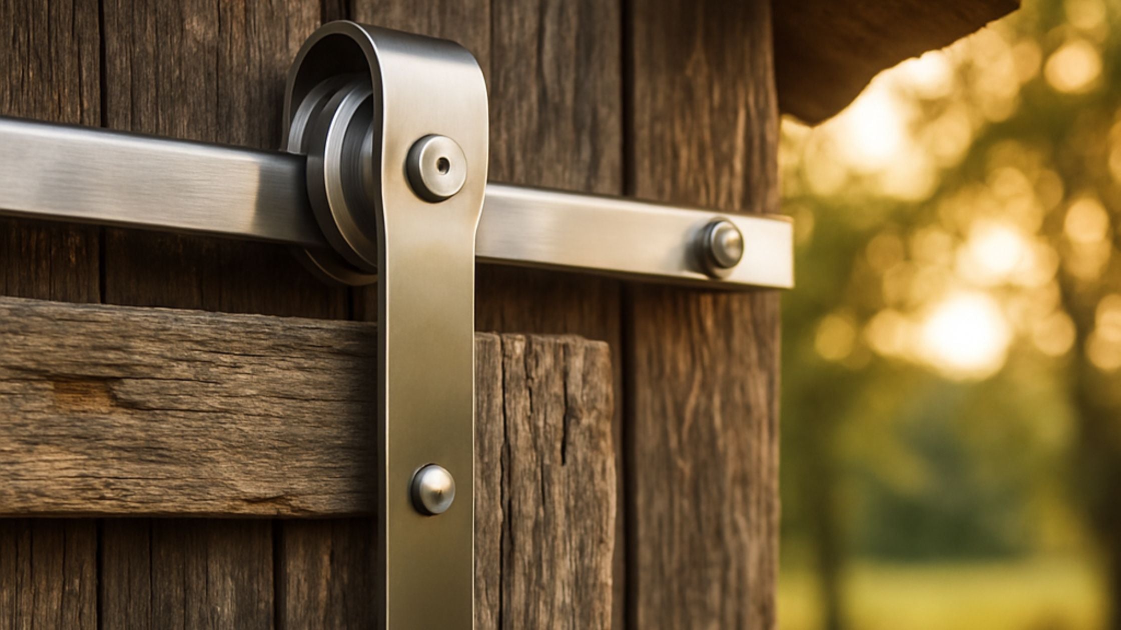 Close-up of sleek, curved stainless steel sliding barn door hardware (track and roller) installed on a rustic, weathered wood outdoor door.