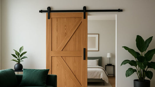 A rustic, medium-brown wood barn door with a traditional Z-brace design, mounted on a black industrial sliding track with visible rollers.