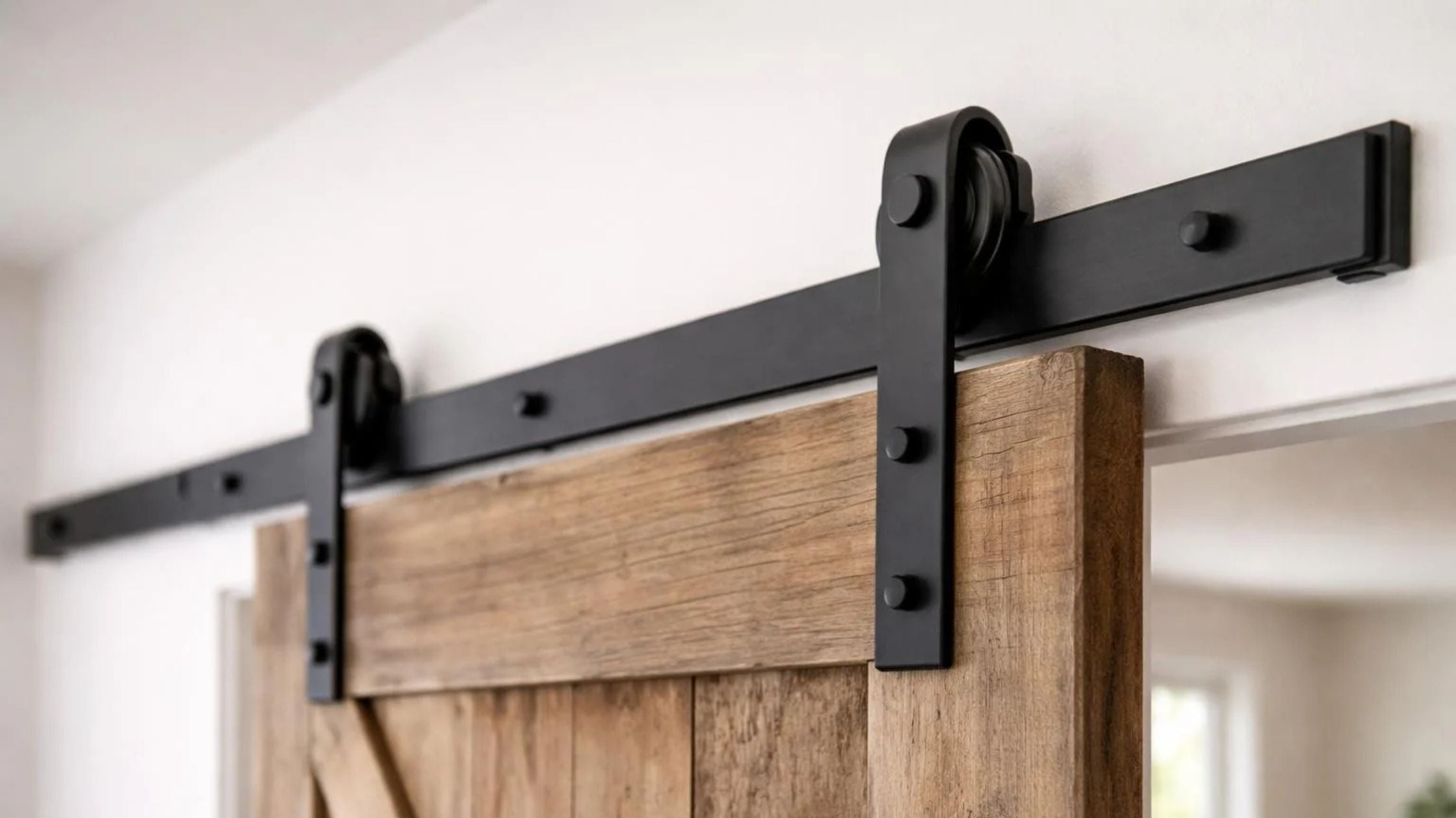 Barn door with black metal sliding track on a white wall