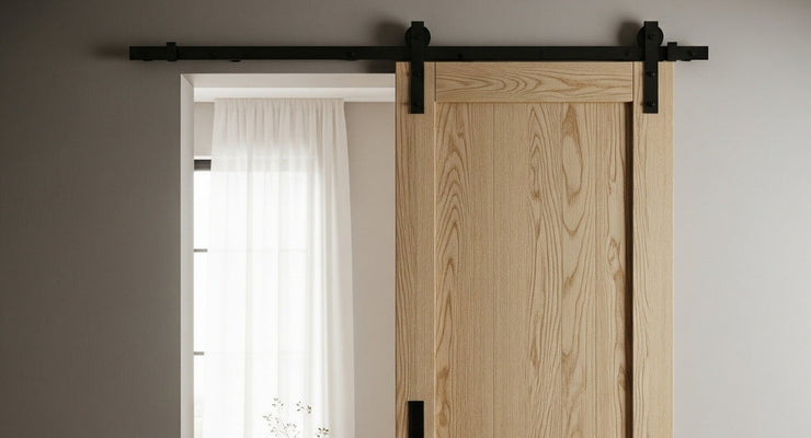 A modern single panel wood barn door leading to a bedroom, showcasing the clean aesthetic of classic barn door hardware.