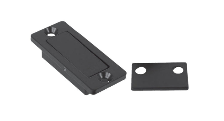  A close-up showcasing the solid steel construction and sleek design of our barn door privacy latch in a matte black finish, with the catch plate shown separately.
