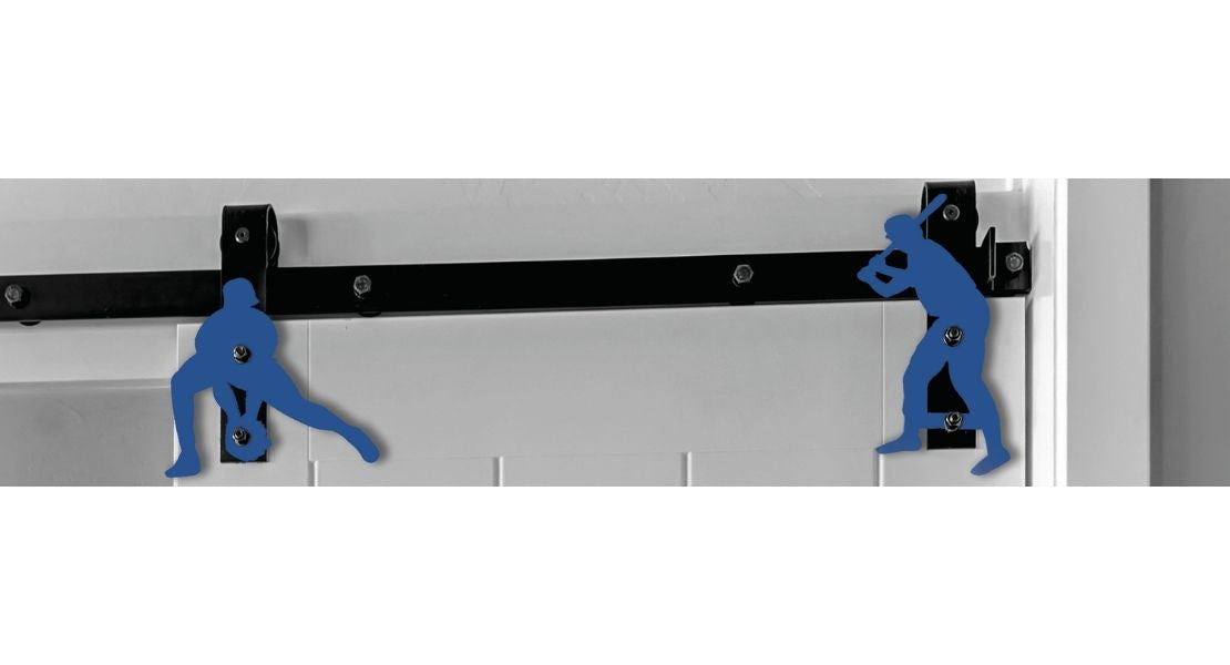 Baseball accent trims installed on a barn door
