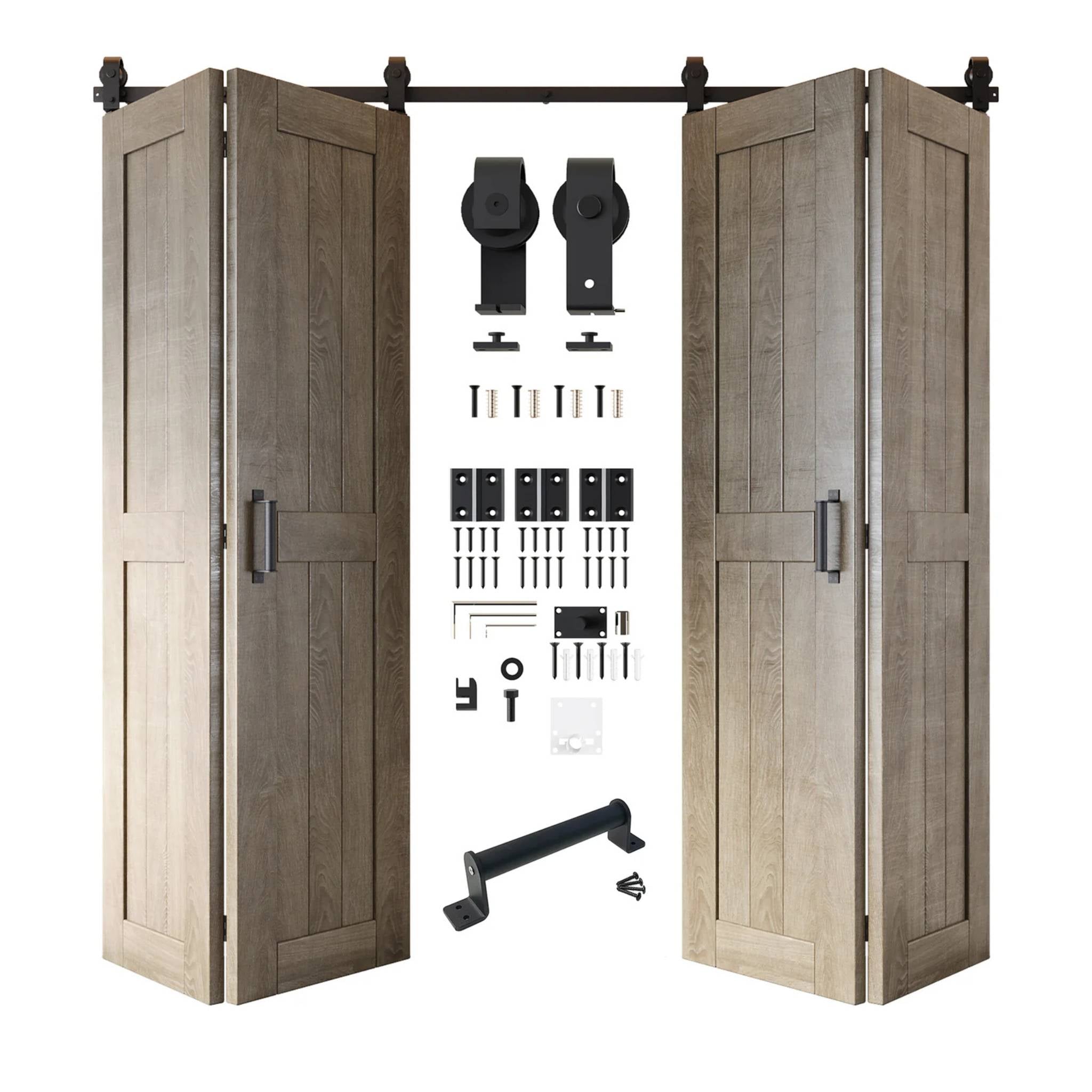 Partially open bi-fold barn door kit in a gray wood finish with black rolling hardware components displayed in the center.