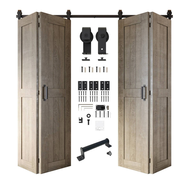 Partially open bi-fold barn door kit in a gray wood finish with black rolling hardware components displayed in the center.