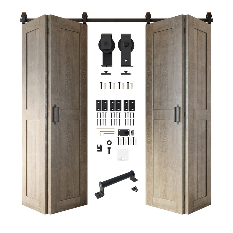 Partially open bi-fold barn door kit in a gray wood finish with black rolling hardware components displayed in the center.