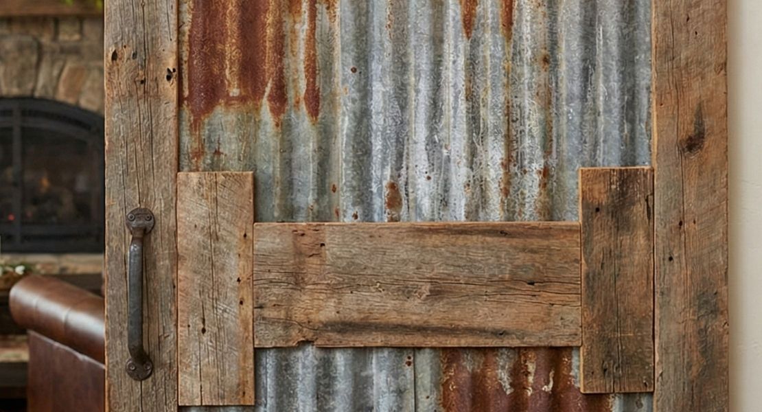 A rustic industrial barn door design featuring a corrugated galvanized metal panel framed by weathered reclaimed wood with a rusted iron pull handle.