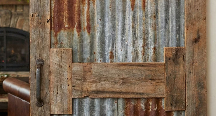 A rustic industrial barn door design featuring a corrugated galvanized metal panel framed by weathered reclaimed wood with a rusted iron pull handle.