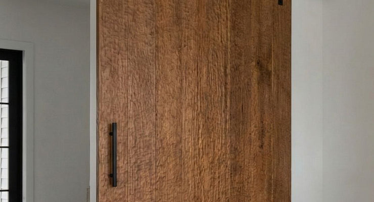 A detail shot of a textured, rough-sawn brown wood barn door featuring a long, sleek matte black modern pull handle.