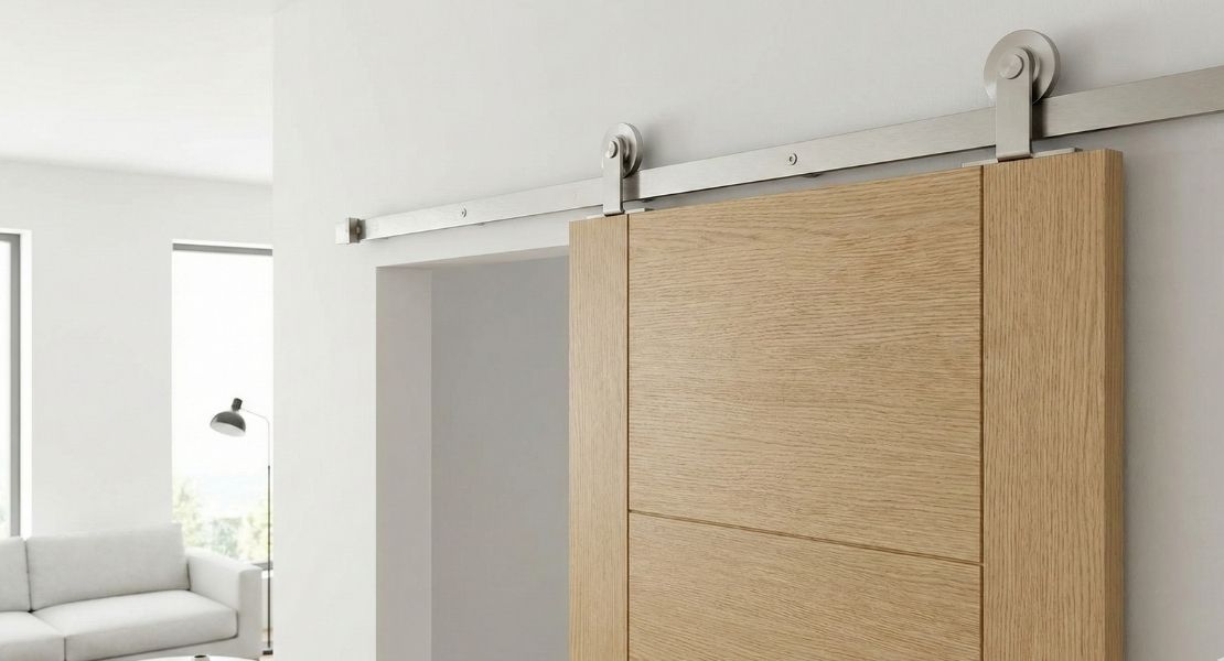 A sleek, modern sliding barn door made of light oak with clean horizontal lines. The door hangs on a minimalist stainless steel track system with simple silver wheels, situated in a bright, contemporary white room.