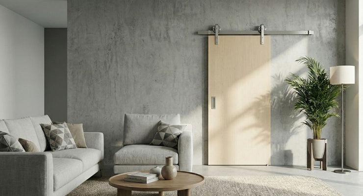 A sleek, modern barn door with a minimalist track system and a small, discreet handle glides open in a contemporary living room.