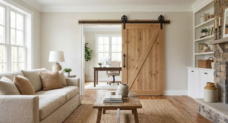 A classic light modern farmhouse barn door featuring black matte hardware and a cross-brace design hangs in a cozy living room.