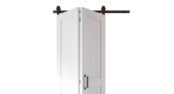 A pair of white paneled bifold barn doors hanging from a black track with J-strap rollers against a plain white background.