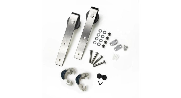 A close up of J-Strap barn door rollers and attaching hardware in brushed nickel.