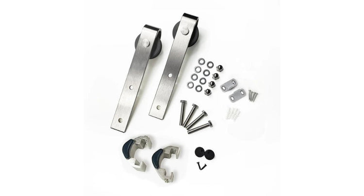 A close up of J-Strap barn door rollers and attaching hardware in brushed nickel.