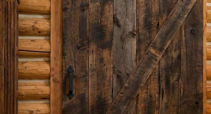 A rustic Western-style dark wood barn door with a diagonal Z-brace design and a cast iron handle, set against a log cabin wall.
