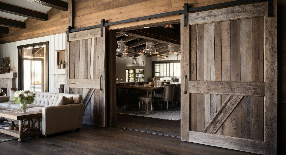 A wide shot of double rustic barn doors made from weathered, multi-toned grey wood. The doors hang on a classic black metal track in a spacious, Western-style lodge interior featuring timber beams and dark hardwood floors.