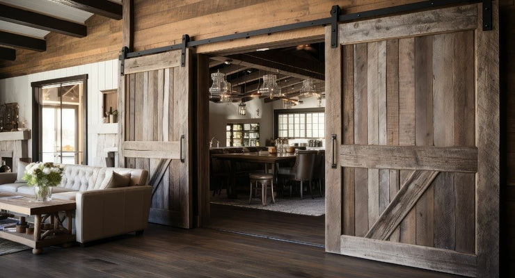 A wide shot of double rustic barn doors made from weathered, multi-toned grey wood. The doors hang on a classic black metal track in a spacious, Western-style lodge interior featuring timber beams and dark hardwood floors.
