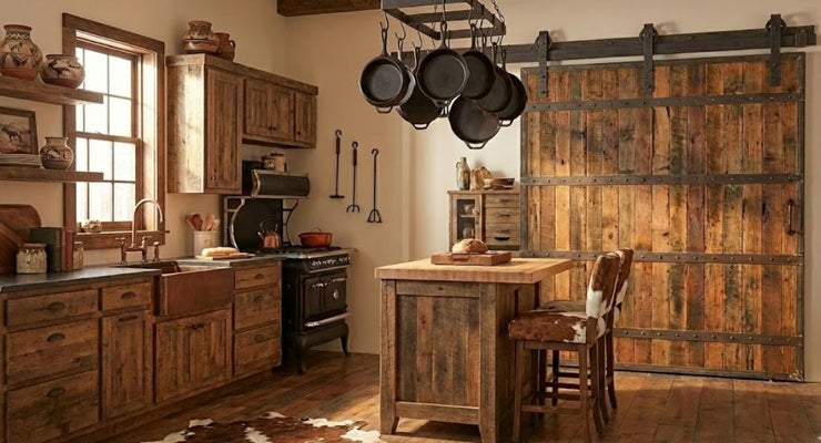 A weathered wood barn door with black J-strap rollers divides a rustic ranch-style kitchen.