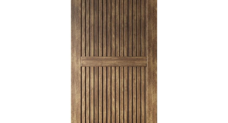 A vertical close-up of a Western-style wood barn door featuring vertical tongue-and-groove paneling and a horizontal middle rail in a rich brown finish.