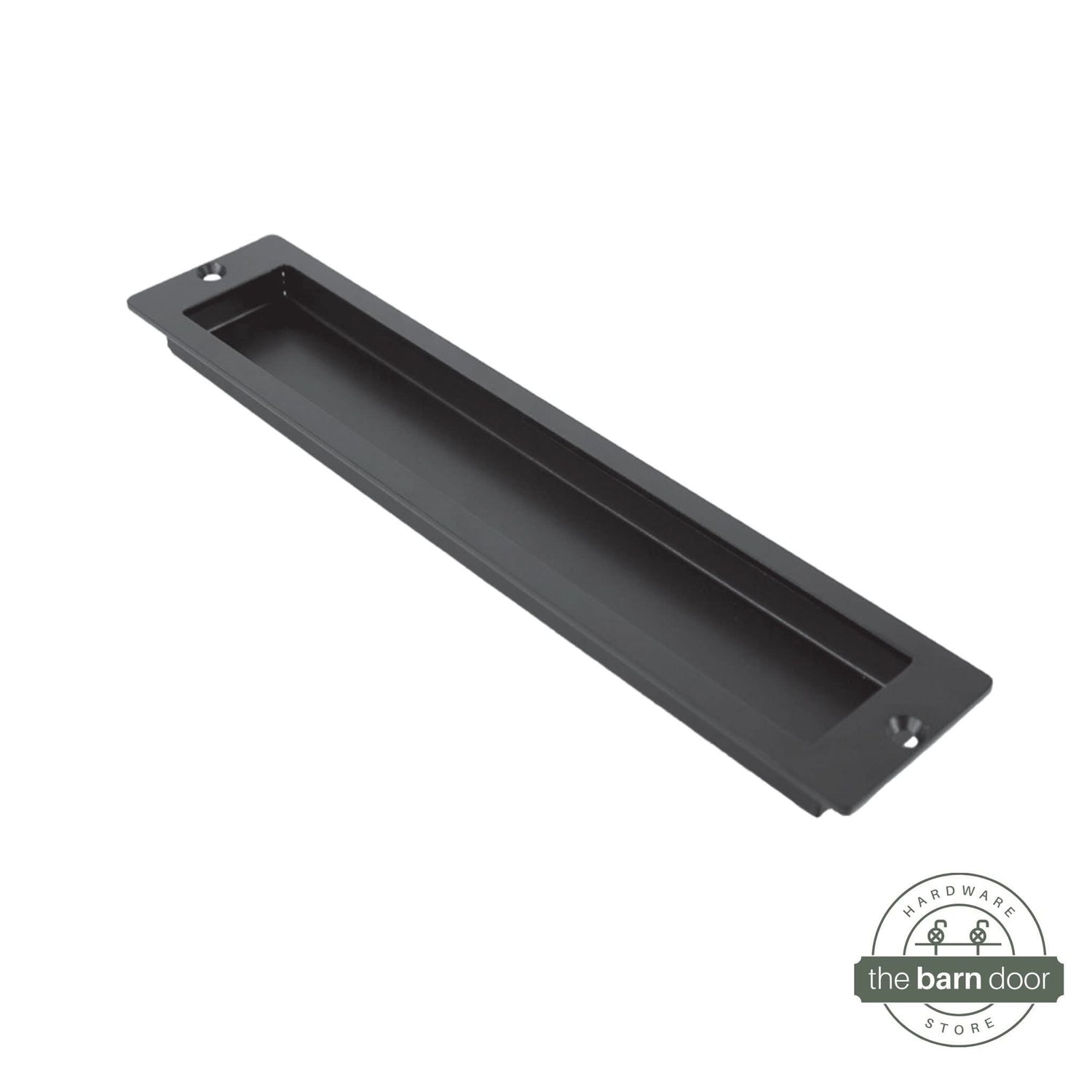 A close-up of a modern, rectangular flush pull handle with sharp, square corners, in a black finish.