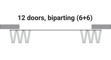 Diagram of a door system with 12 doors, biparting (6+6) on a white background.