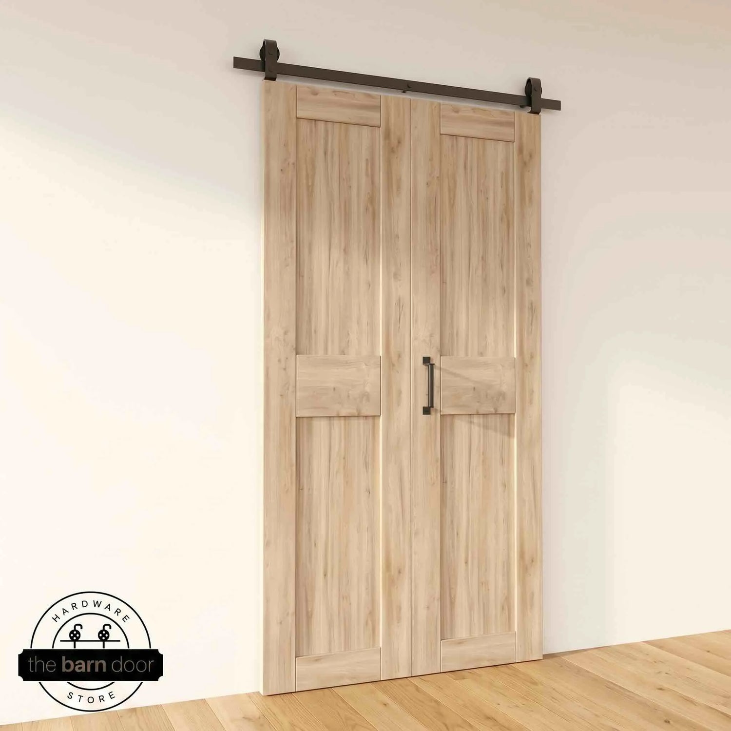 Two-panel bifold barn door unfinished, installed and fully closed in a modern interior, showing the top-mount Matte Black track.