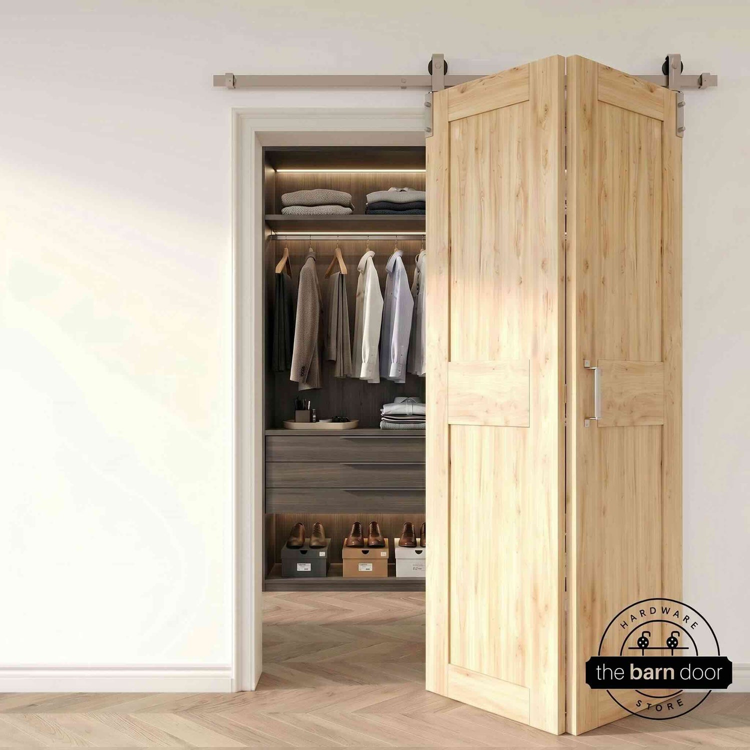 2 Door Front Mount Bifold Barn Door Hardware Brushed Nickel