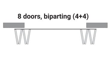 Diagram of a structure with eight doors, biparting into four pairs.