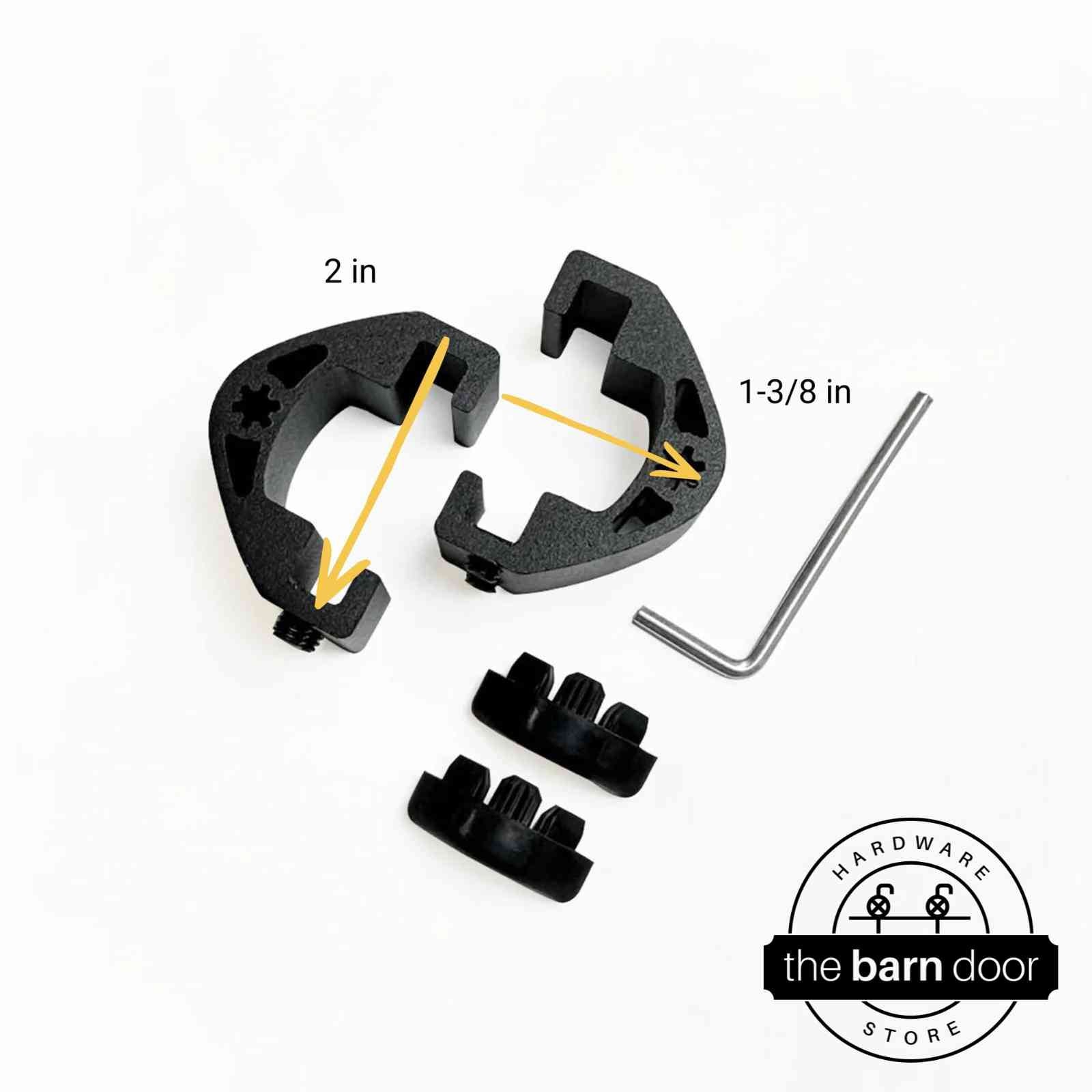 Adjustable barn door track stop size chart showing 2 inch and 1-3/8 inch dimensions with rubber bumper attachments. By The Barn Door Hardware Store.
