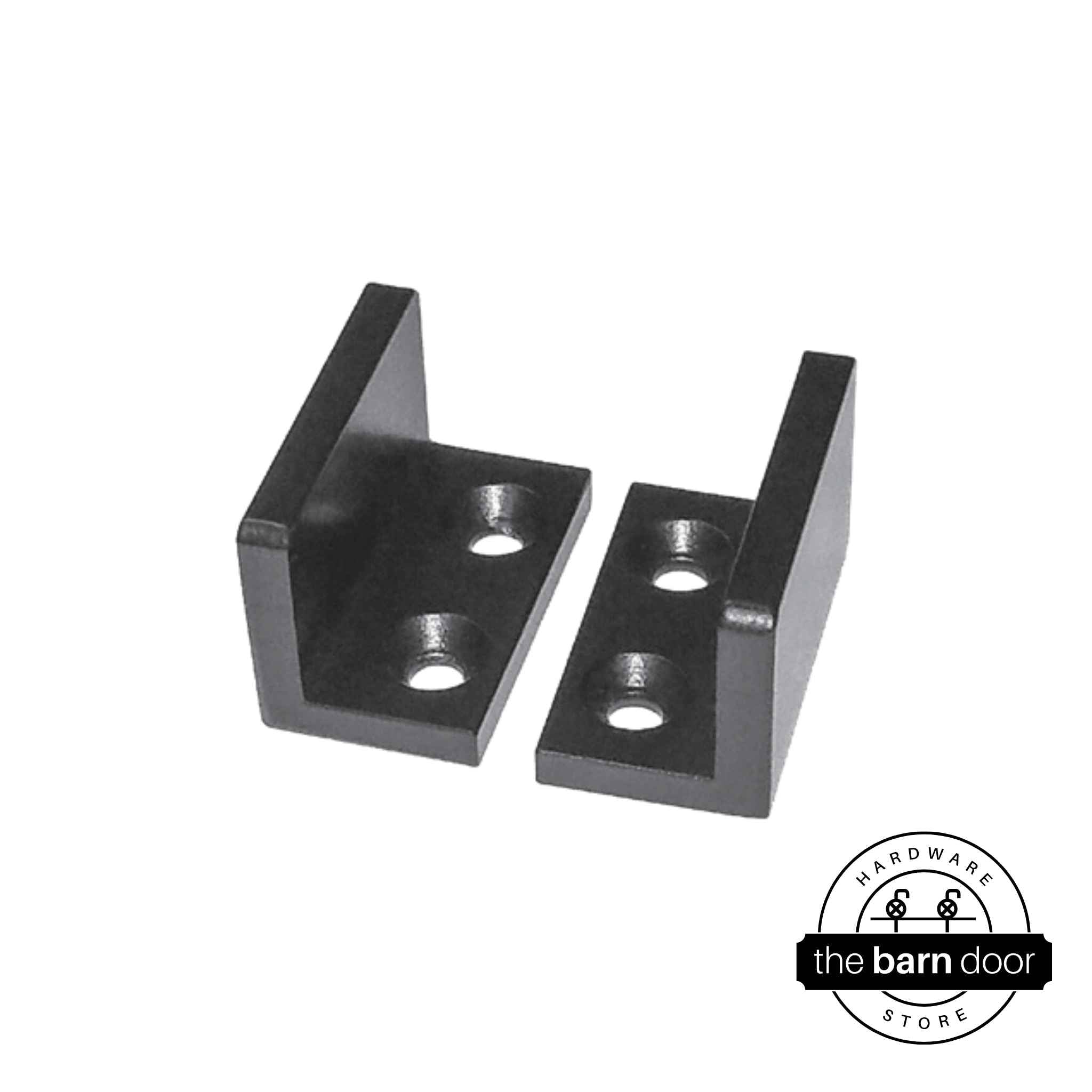 Black barn door hardware adjustable u floor guide against a white background