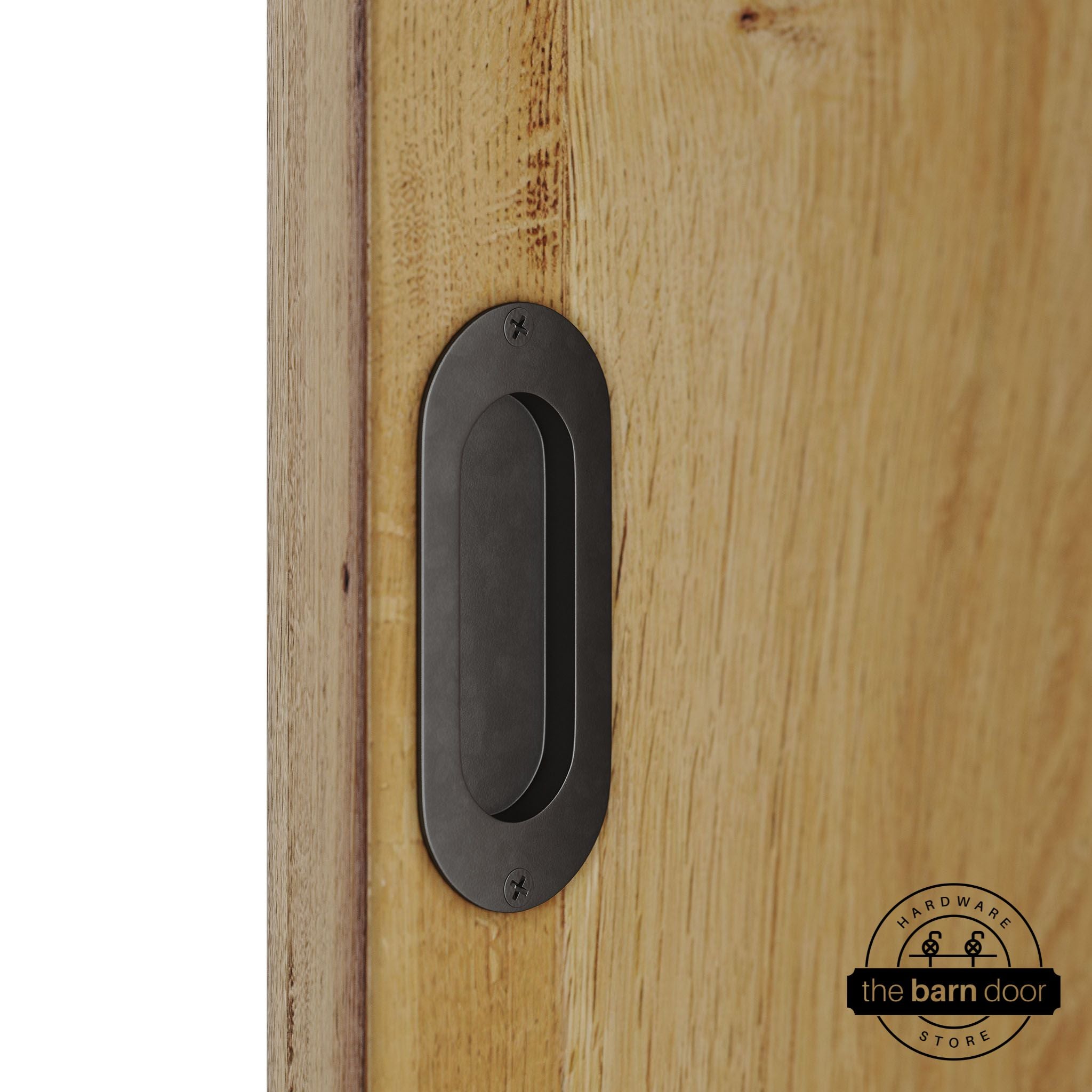 Wooden door with an arch bronze flush pull handle.