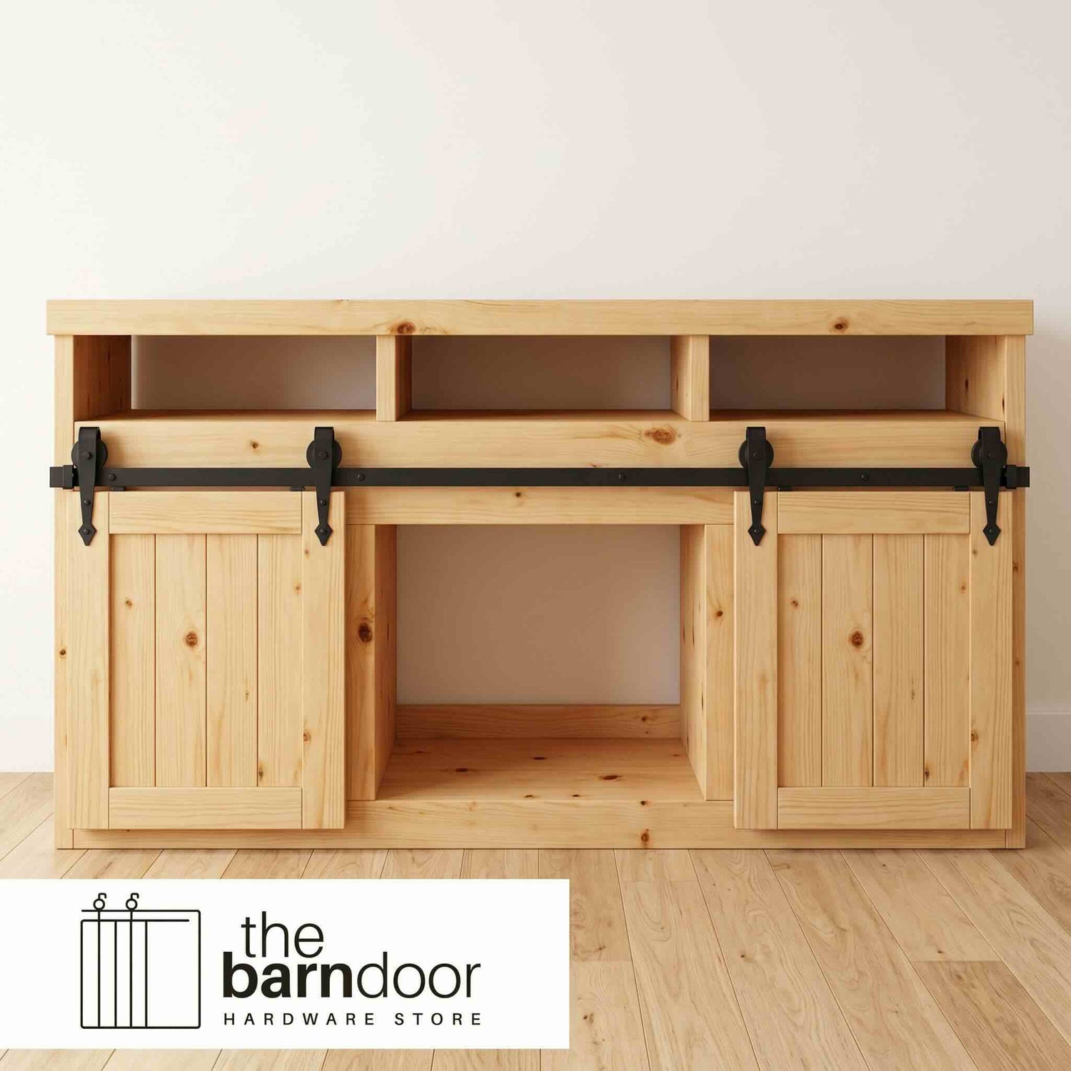 Arrow cabinet barn door hardware kit in matte black with a single track, shown installed on a small wooden cabinet door.