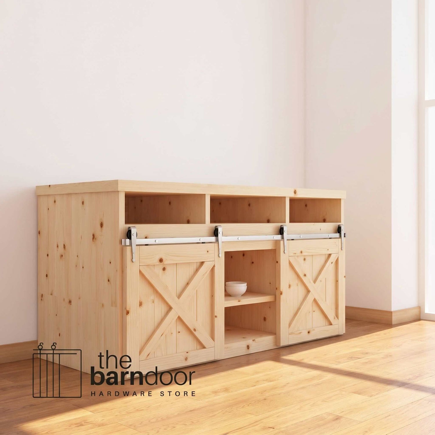 Arrow cabinet barn door hardware kit in a brushed nickel finish, mounted on a small cabinet door.