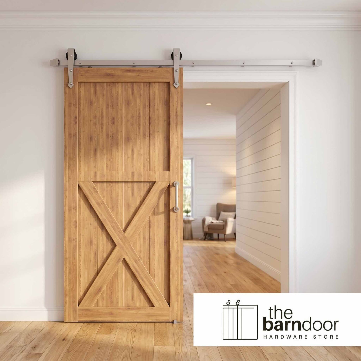 A half X barn door hung with brushed nickel sliding barn door hardware with arrow design rollers.