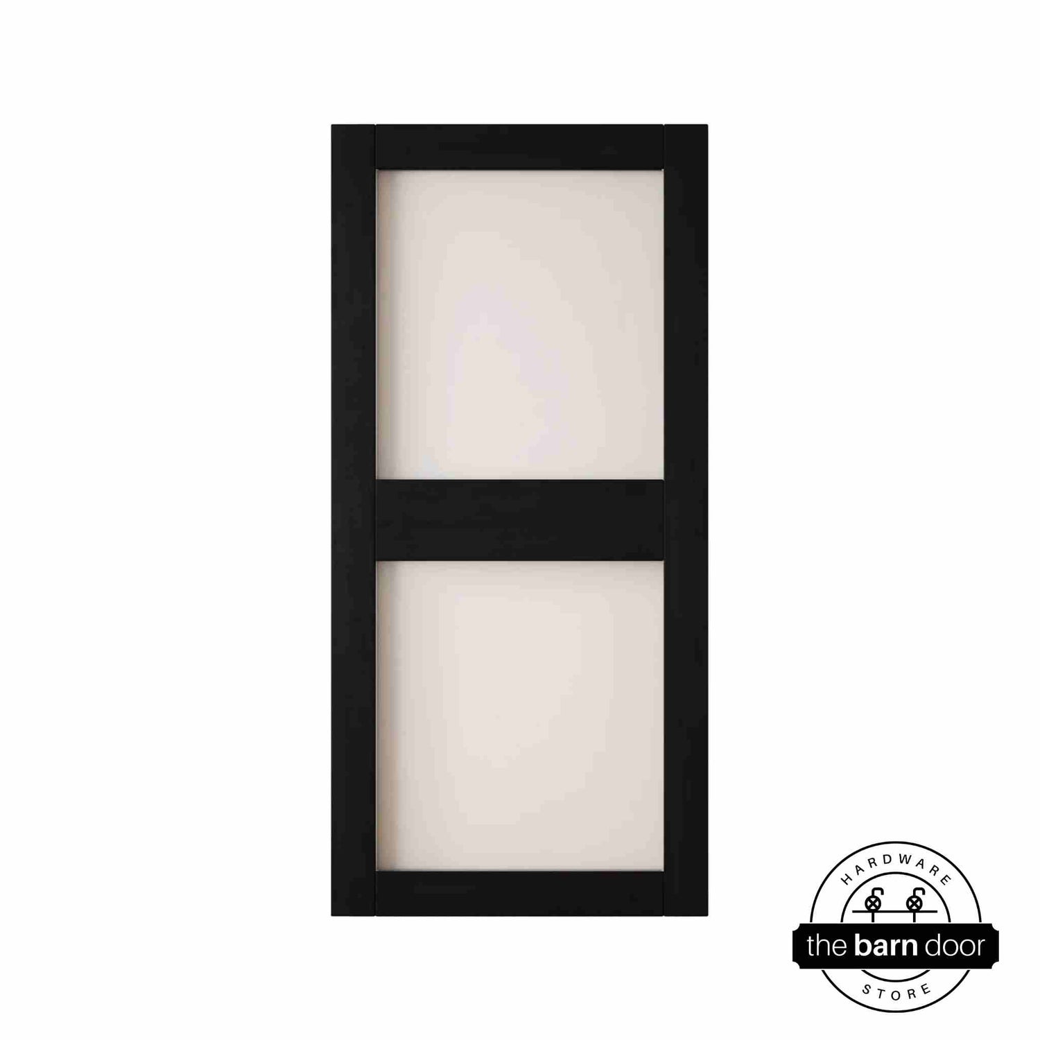 Black barn door with glass on a white background