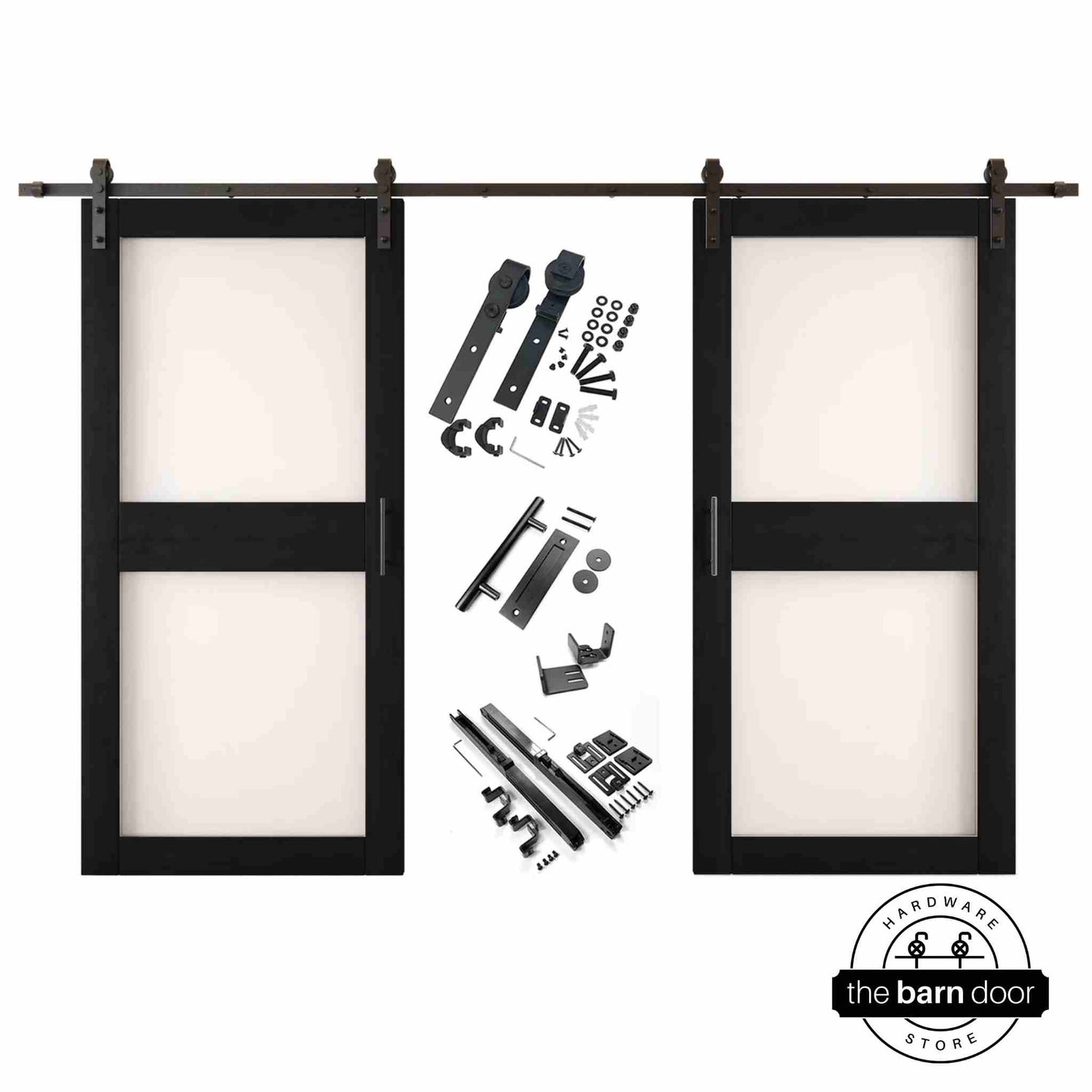 Black barn door hardware set with two wooden sliding glass panel doors on a white background
