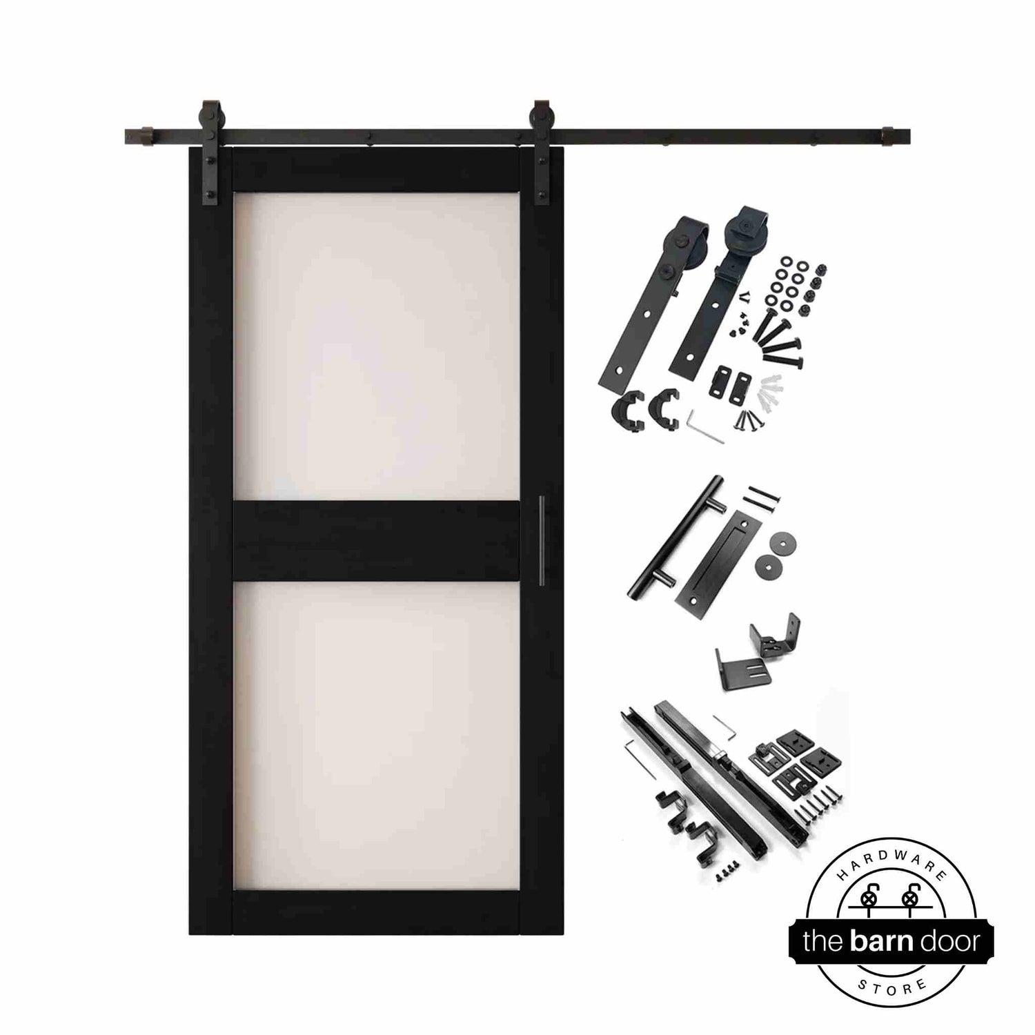 Black 2-panel barn door kit with wooden door and hardware components on a white background