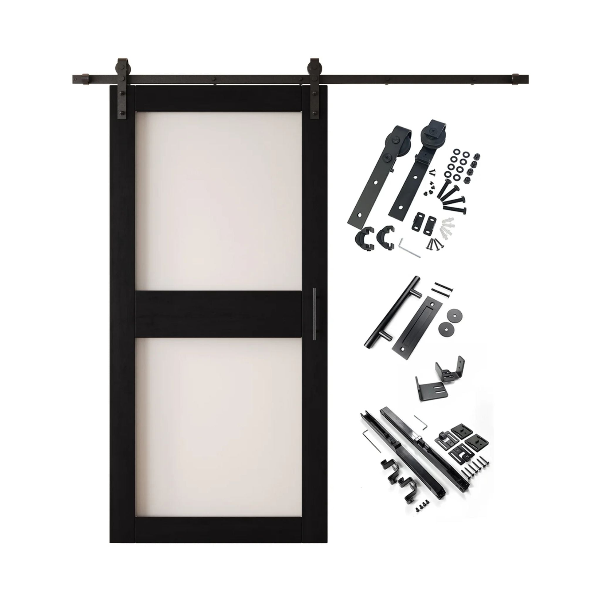 Black 2-panel barn door kit with wooden door and hardware components on a white background