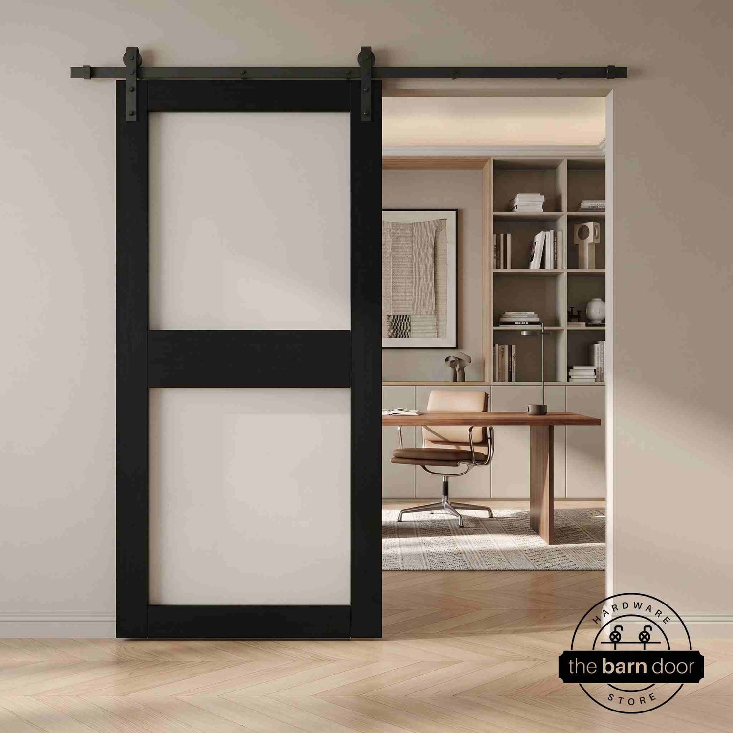 Barn door with black frame and glass panels sliding open in a modern interior setting.
