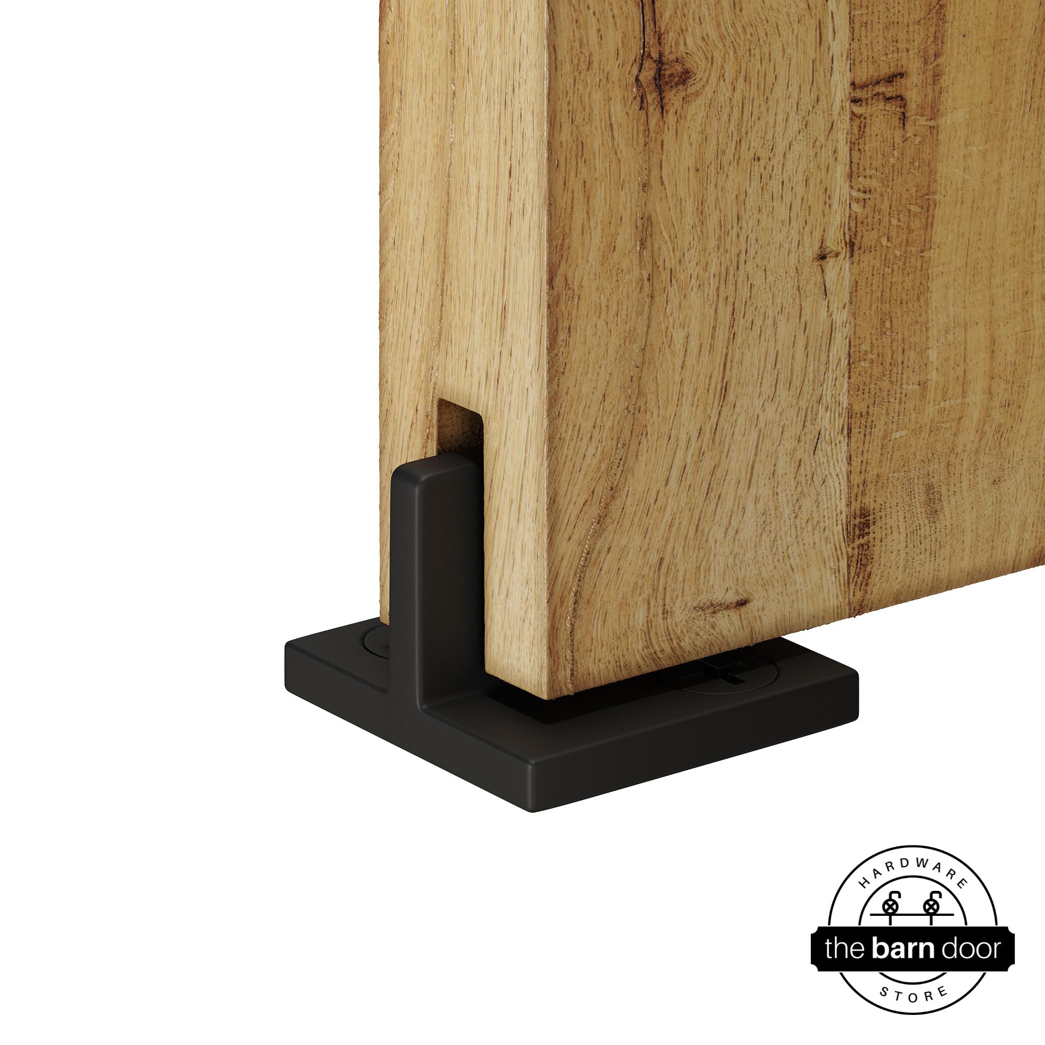 Black Goldberg Brothers T-Guide attached to a wooden barn door 