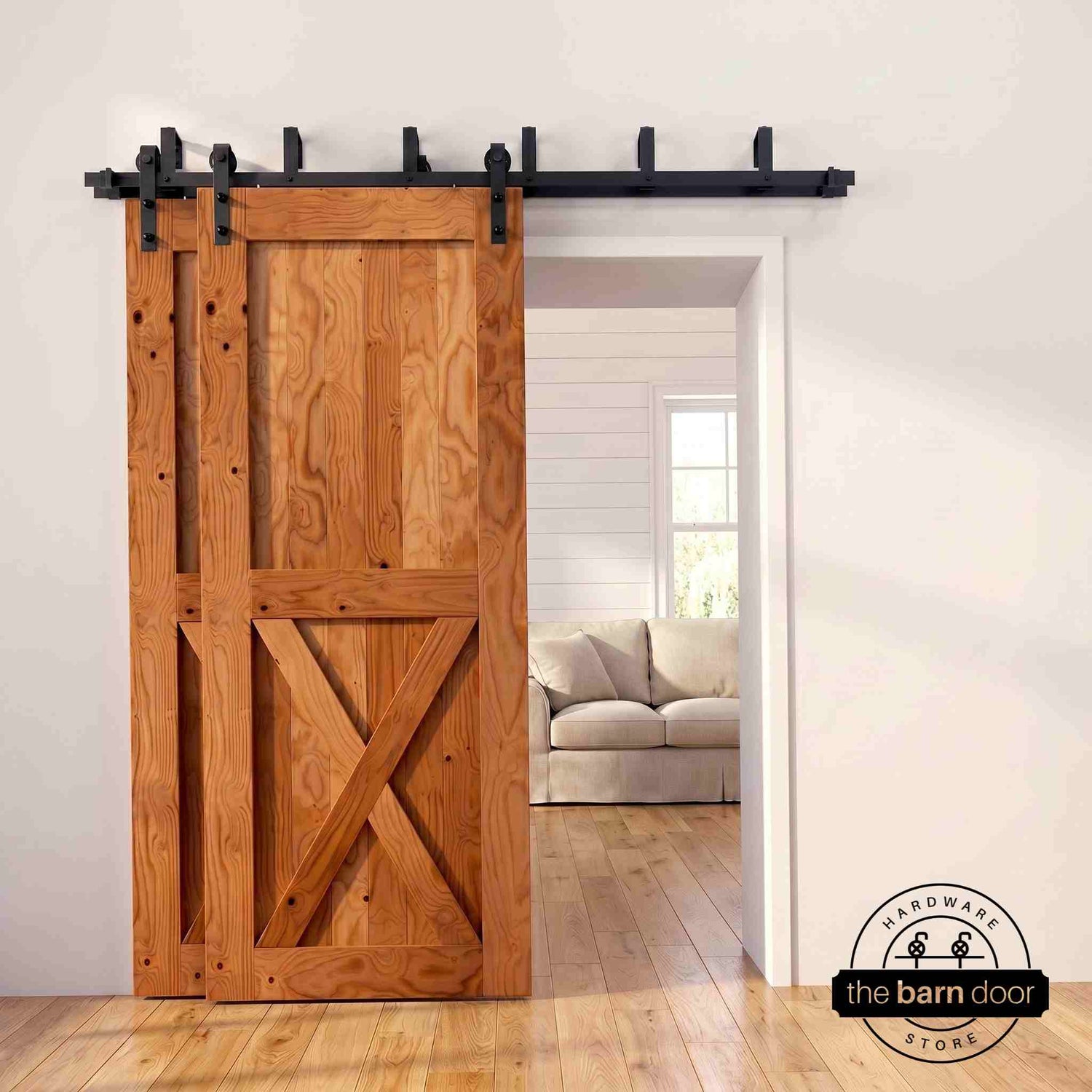 J-Strap Black Double Track Bypass Barn Door Hardware Kit