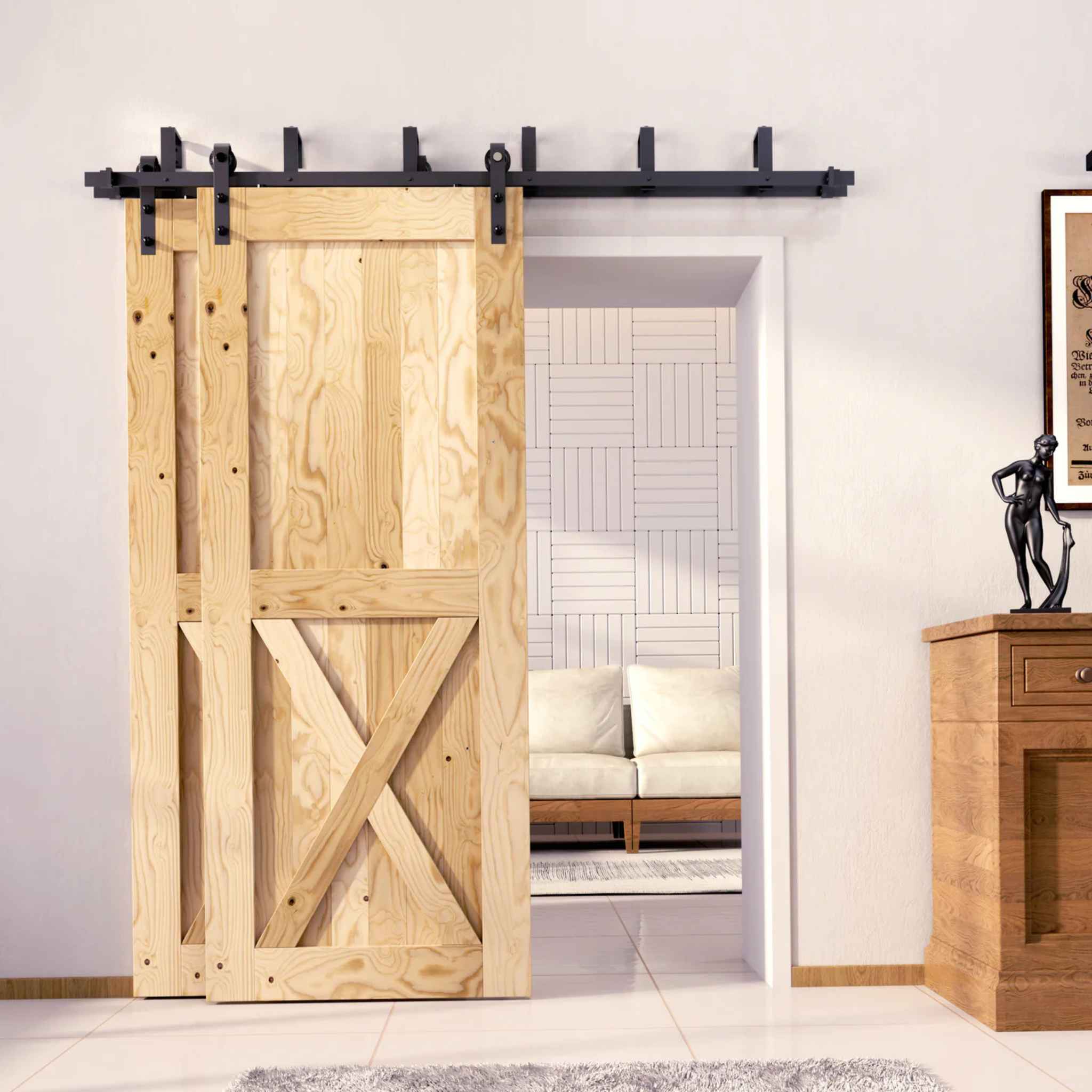 J-Strap Black Double Track Bypass Barn Door Hardware Kit