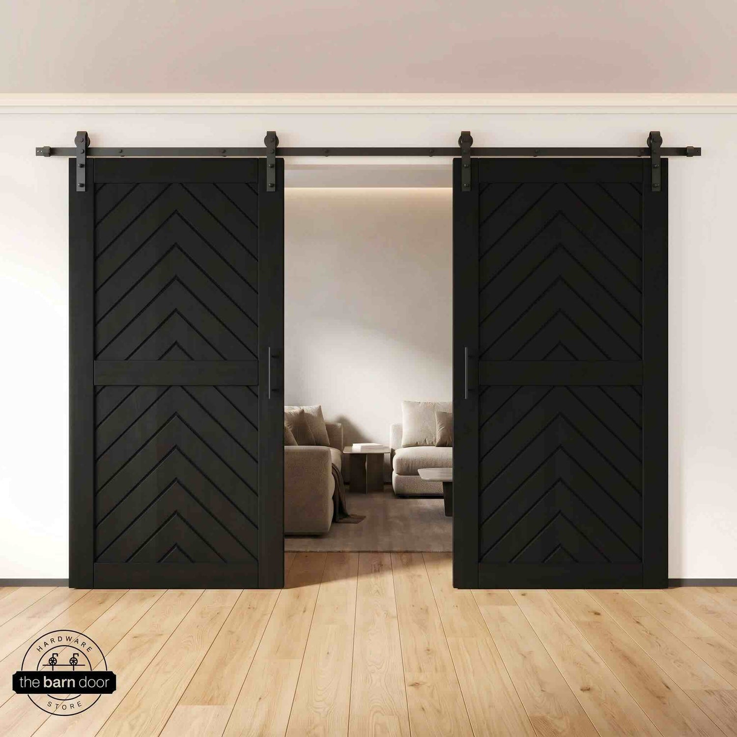 Black fishbone barn door with hardware kit on a white background
