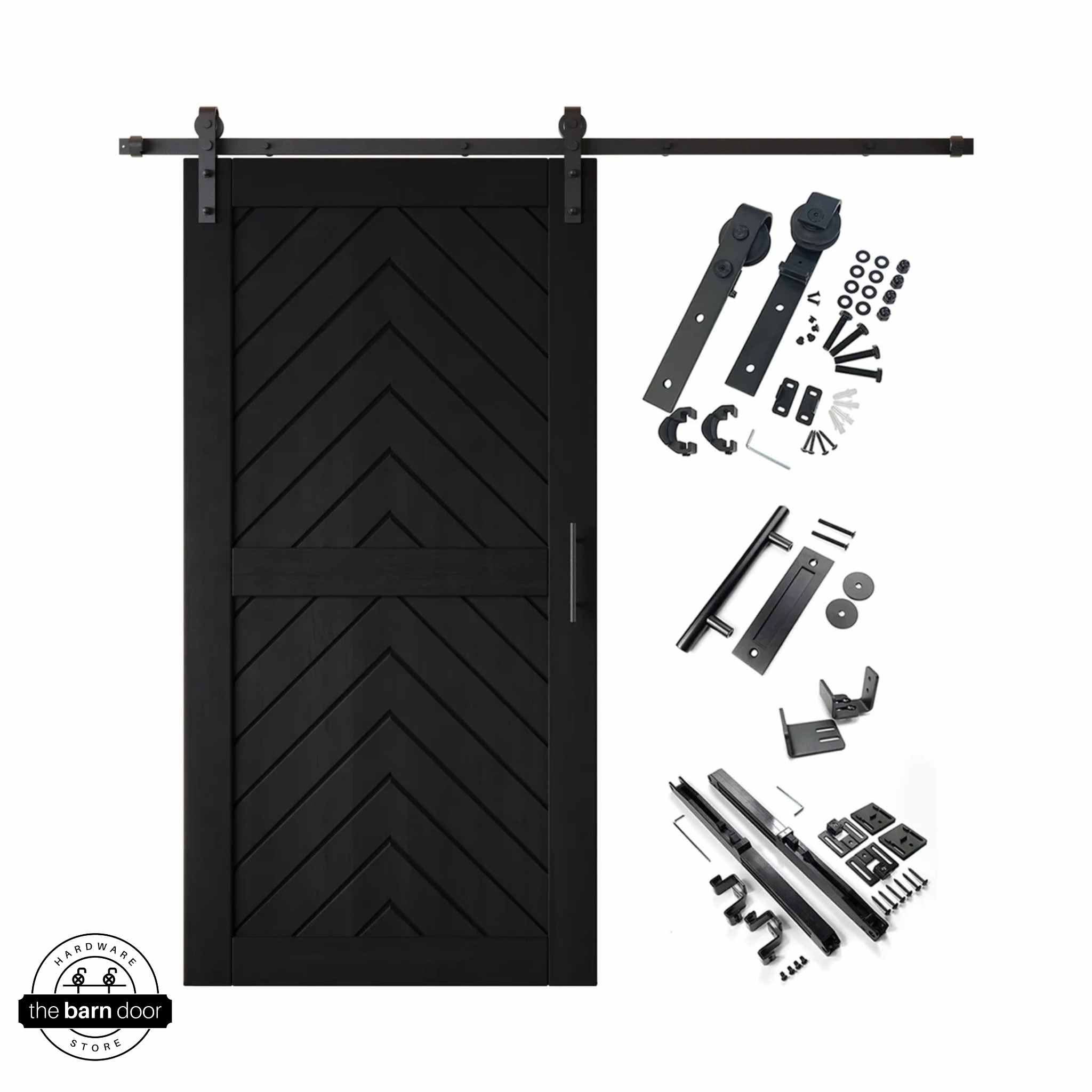 Black fishbone barn door with hardware kit on a white background