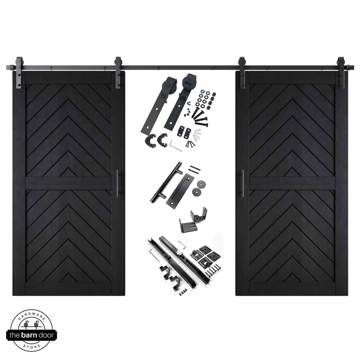 Black fishbone barn door kit with two wooden doors and hardware on a white background
