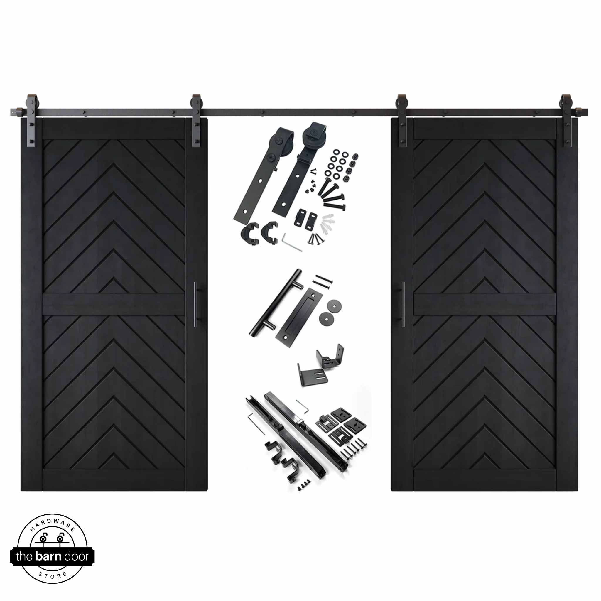 Black fishbone barn door kit with two wooden doors and hardware on a white background