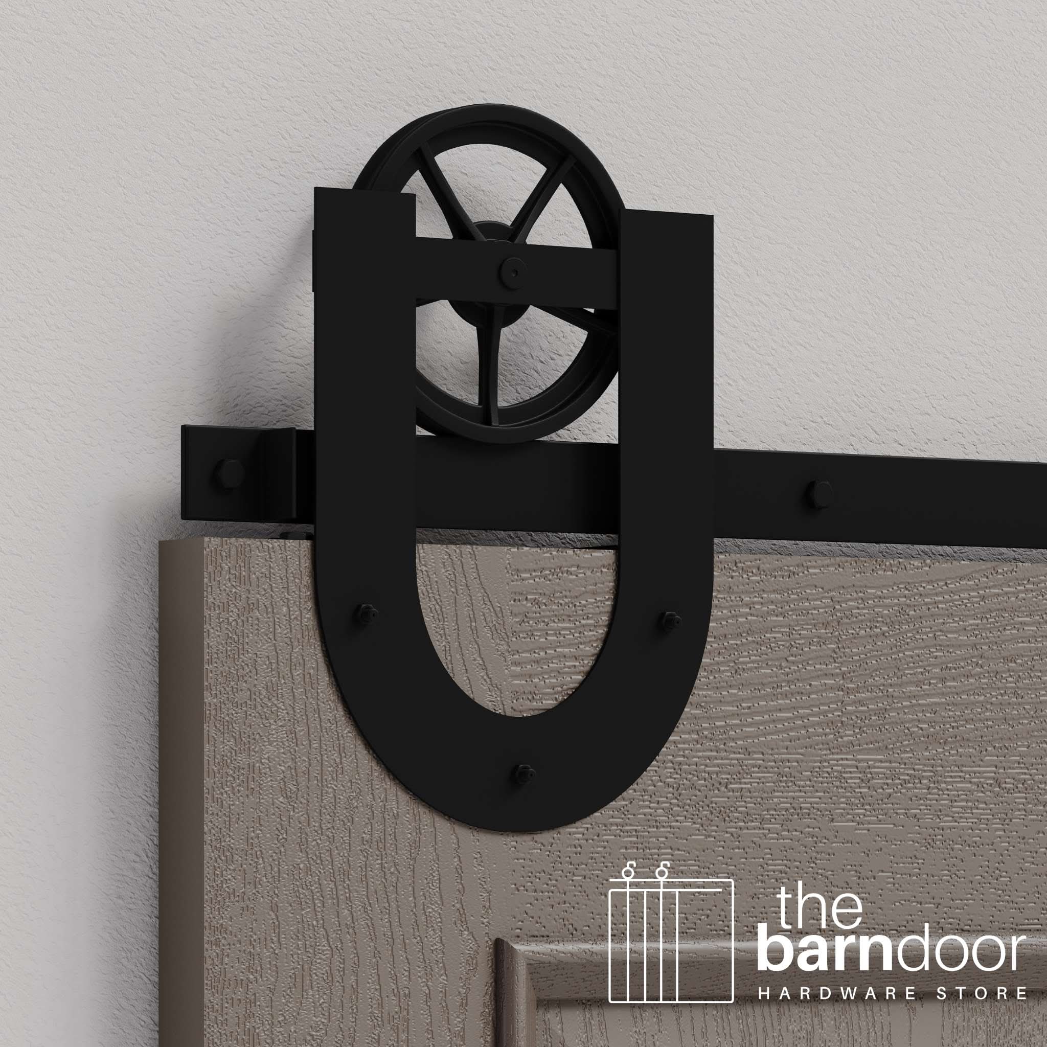 Black Horseshoe Wagon Wheel Heavy Duty Single Track Barn Door Hardware