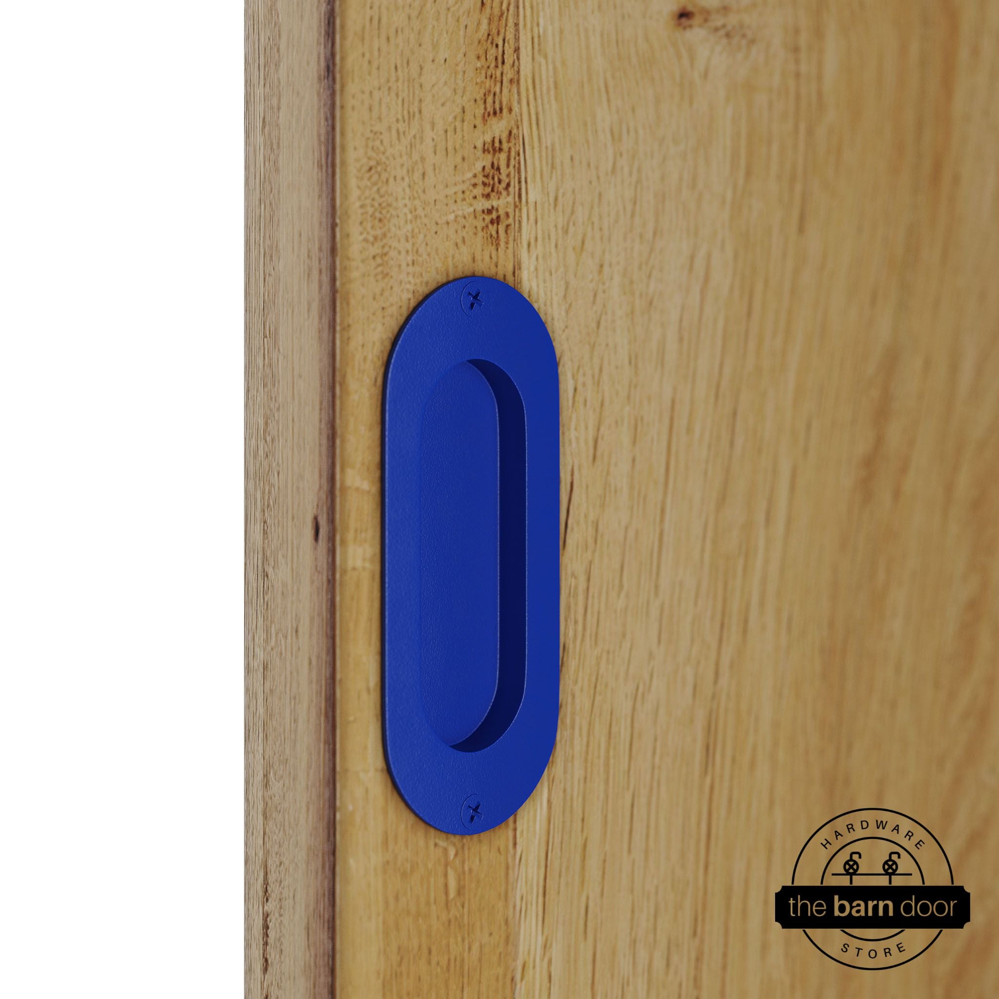 Wooden door with a blue flush pull handle.