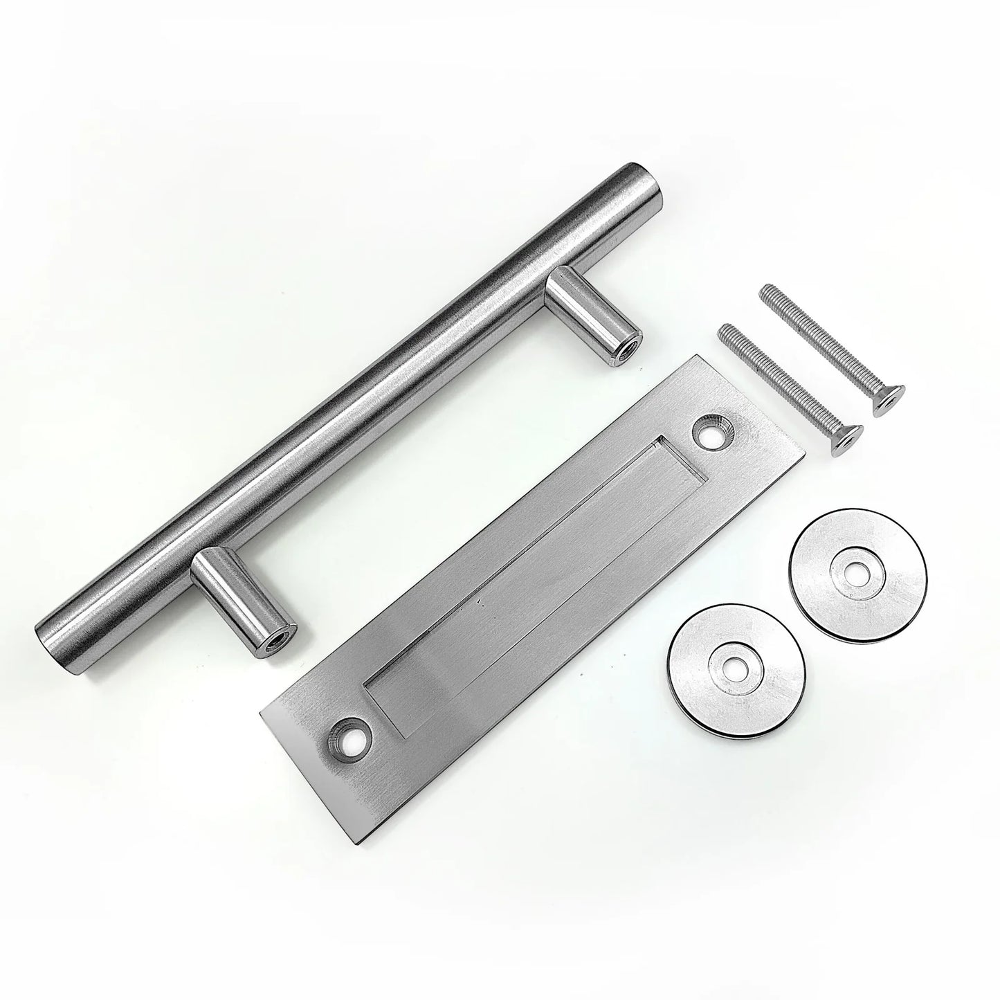 Brushed Nickel Barn Door Handle and Flush Pull Hardware Components