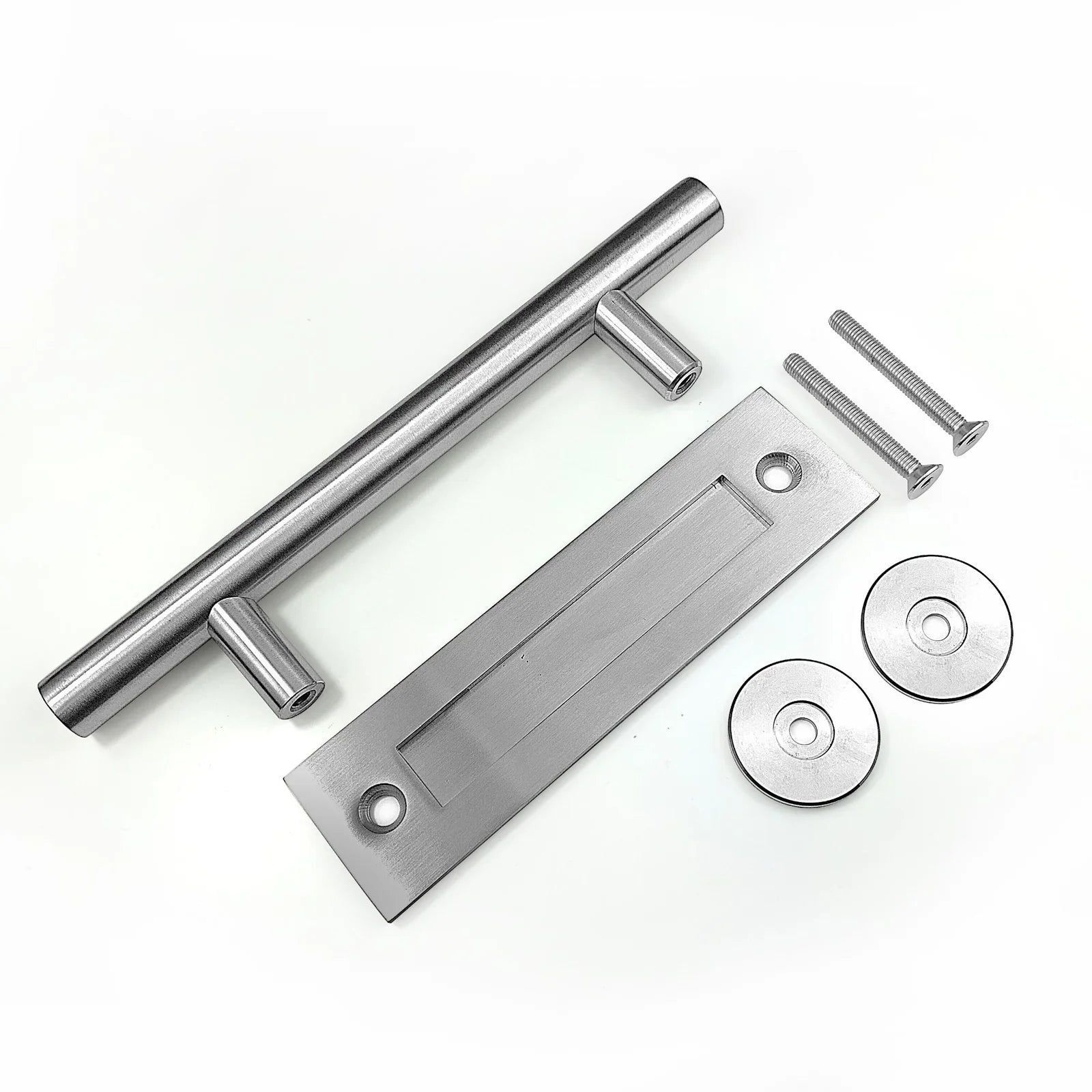 Brushed Nickel Barn Door Handle and Flush Pull Hardware Components